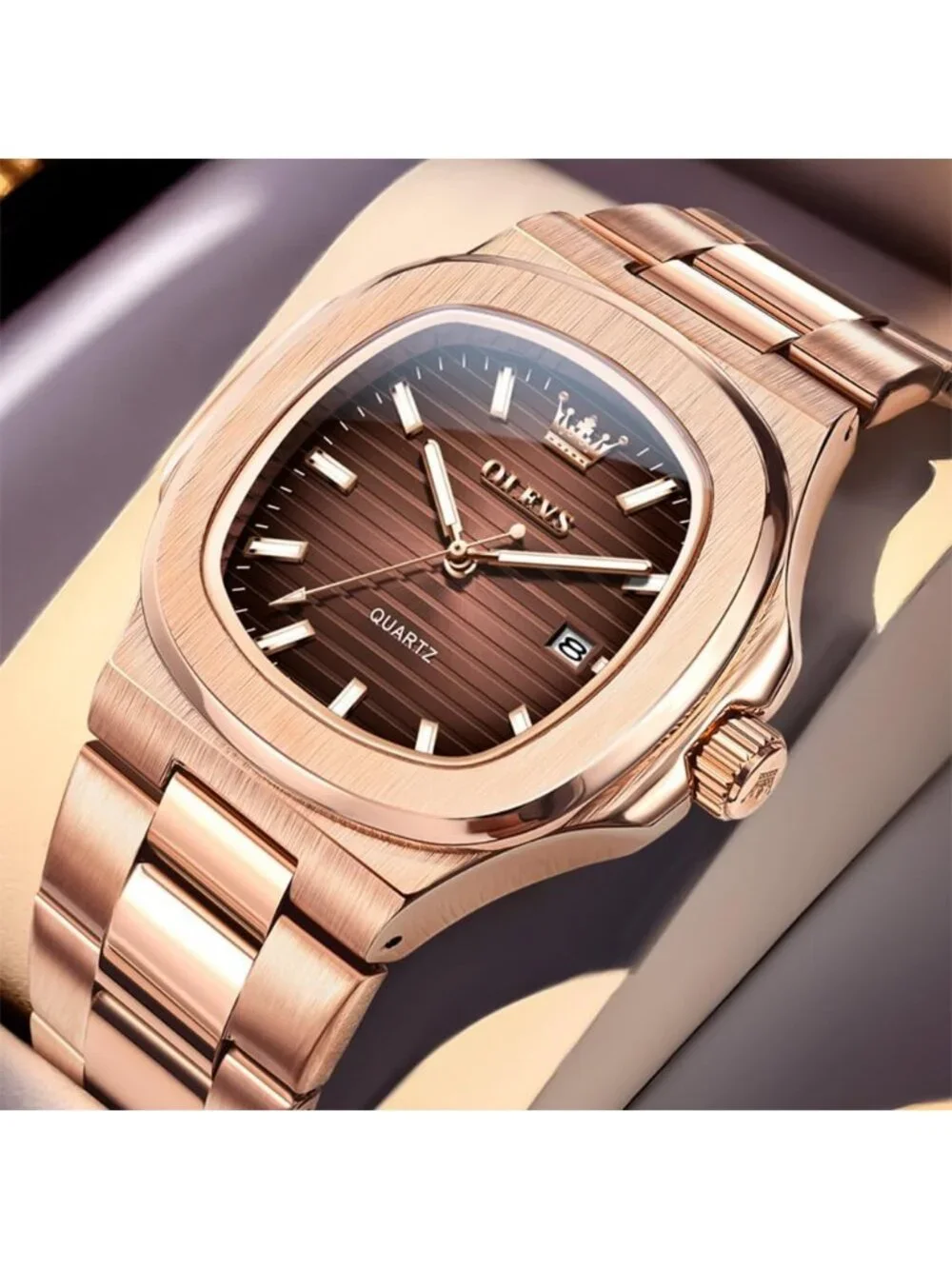 Men's Rose Brown Luxury Stainless Steel Octagon Analog Quartz Waterproof Watch